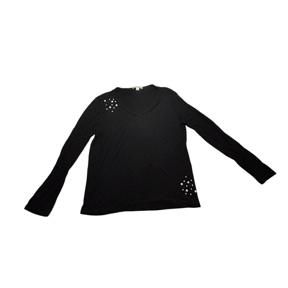 Long Sleeve Top Black Pearl Embellished Moral Fiber Elegant Chic Size L